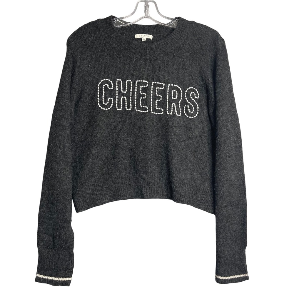 Z Supply Cheers Sweater Womens L Charcoal Grey Knit Holiday Minimalist Preppy